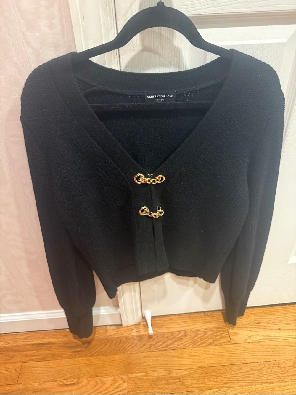Generation Love Black Cropped V-Neck Cardigan with Gold Chain Clasps